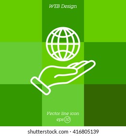 Web line icon. Globe in hand.