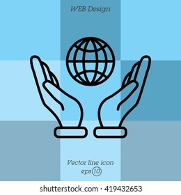 Web line icon. Globe in hand.