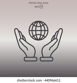 Web line icon. Globe in hand.