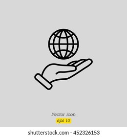 Web line icon. Globe in hand.