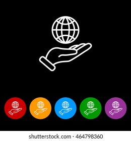 Web line icon. Globe in hand.