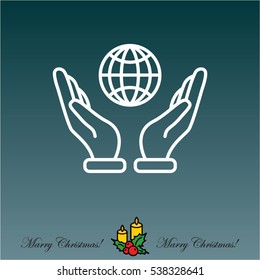 Web line icon. Globe in hand.