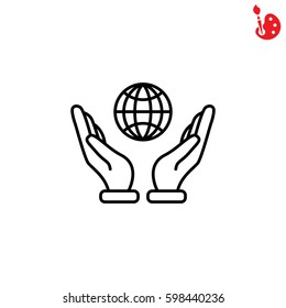 Web line icon. Globe in hand.