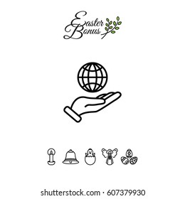 Web line icon. Globe in hand.