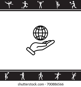 Web line icon. Globe in hand.