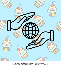 Web line icon. Globe in hands.