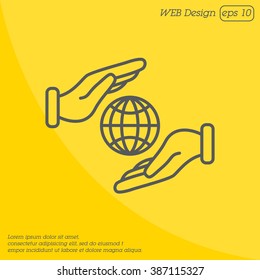 Web line icon. Globe in hands.