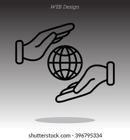 Web line icon. Globe in hands.