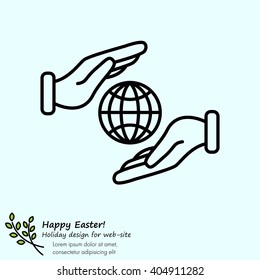 Web line icon. Globe in hands.
