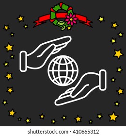 Web line icon. Globe in hands.