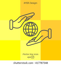 Web line icon. Globe in hands.