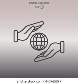 Web line icon. Globe in hands.