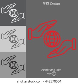 Web line icon. Globe in hands.