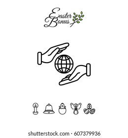 Web line icon. Globe in hands.