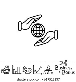 Web line icon. Globe in hands.