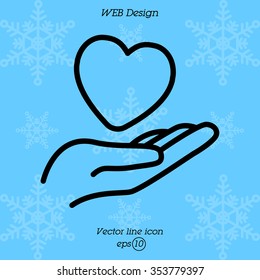 Web line icon. Heart in hand. 