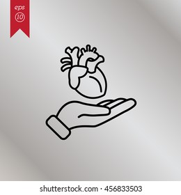 Web line icon. Human heart in hand