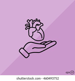 Web line icon. Human heart in hand