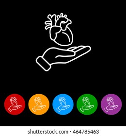 Web line icon. Human heart in hand