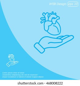 Web line icon. Human heart in hand