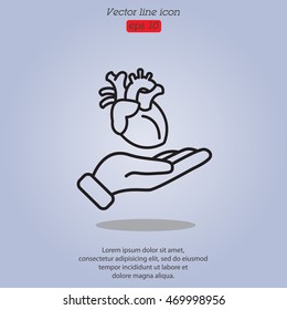Web line icon. Human heart in hand