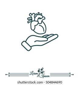 Web line icon. Human heart in hand