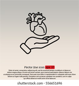 Web line icon. Human heart in hand