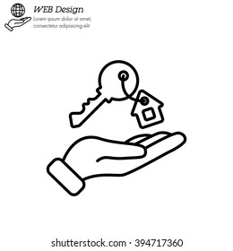 Web line icon. Key in hand, key from the house