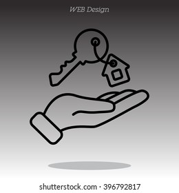 Web line icon. Key in hand, key from the house