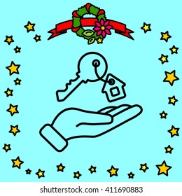 Web line icon. Key in hand, key from the house
