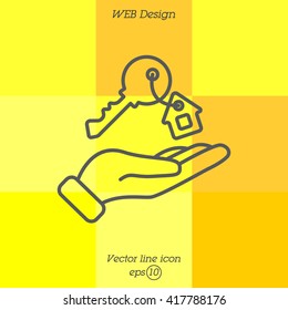 Web line icon. Key in hand, key from the house