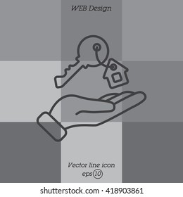 Web line icon. Key in hand, key from the house