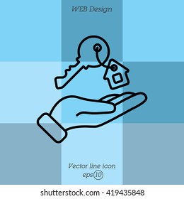 Web line icon. Key in hand, key from the house