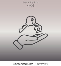 Web line icon. Key in hand, key from the house