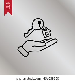 Web line icon. Key in hand, key from the house