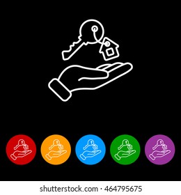 Web line icon. Key in hand, key from the house