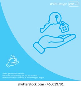 Web line icon. Key in hand, key from the house