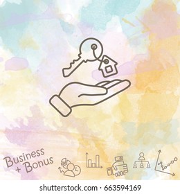 Web line icon. Key in hand, key from the house
