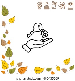 Web line icon. Key in hand, key from the house