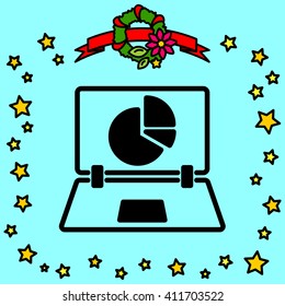 Web line icon. Laptop and pie-chart