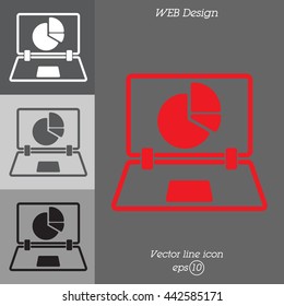 Web line icon. Laptop and pie-chart