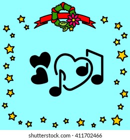 Web line icon. Notes and heart, melody of Love