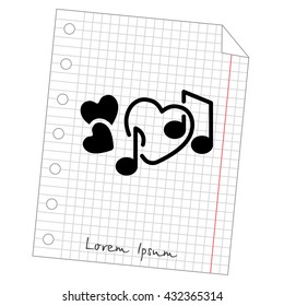 Web line icon. Notes and heart, melody of Love