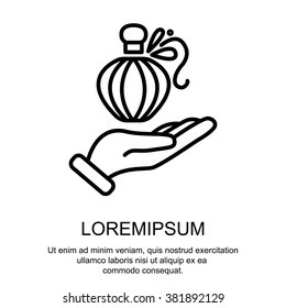 Web line icon. Perfume bottle in hand