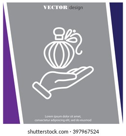 Web line icon. Perfume bottle in hand