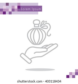 Web line icon. Perfume bottle in hand