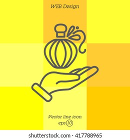 Web line icon. Perfume bottle in hand