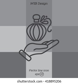Web line icon. Perfume bottle in hand
