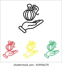 Web line icon. Perfume bottle in hand