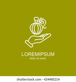 Web line icon. Perfume bottle in hand